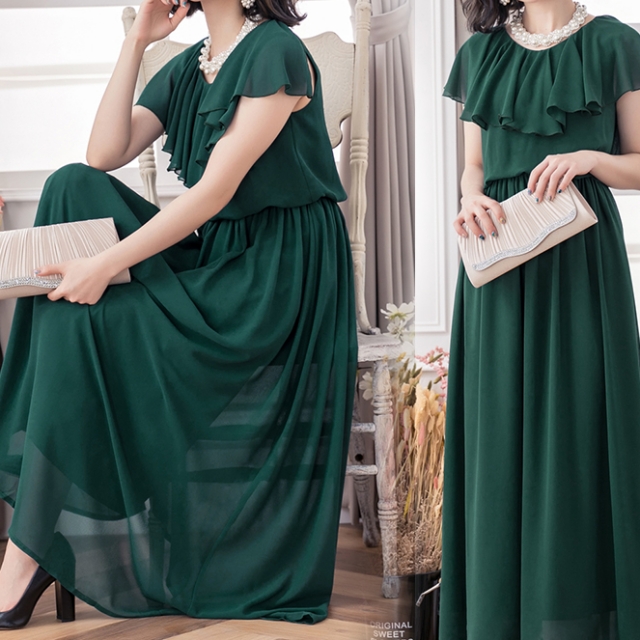 韓国 パーティードレス ロング パーティドレス 結婚式 お呼ばれドレス ロング丈 半袖 袖あり グレー グリーン ダークブルー カーキ アプの通販はau Pay マーケット ふくふくの木