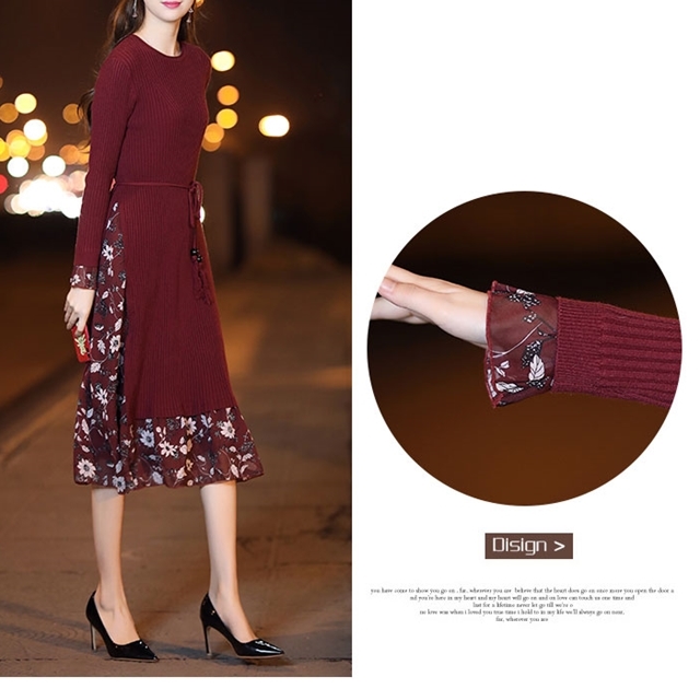 ニットワンピース タイト 秋冬 スリット 花柄 シフォン クルーネック フェミニン 大人可愛い エレガント ひざ下丈 デート ウエストマークの通販はau Pay マーケット ふくふくの木