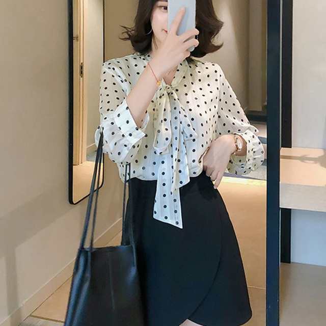 韓国 ファッション レディース レディース トップス レディース トップス 夏 ボウタイ ブラウス 夏服 レディース トップス ドット 黒 赤 の通販はau Pay マーケット ふくふくの木