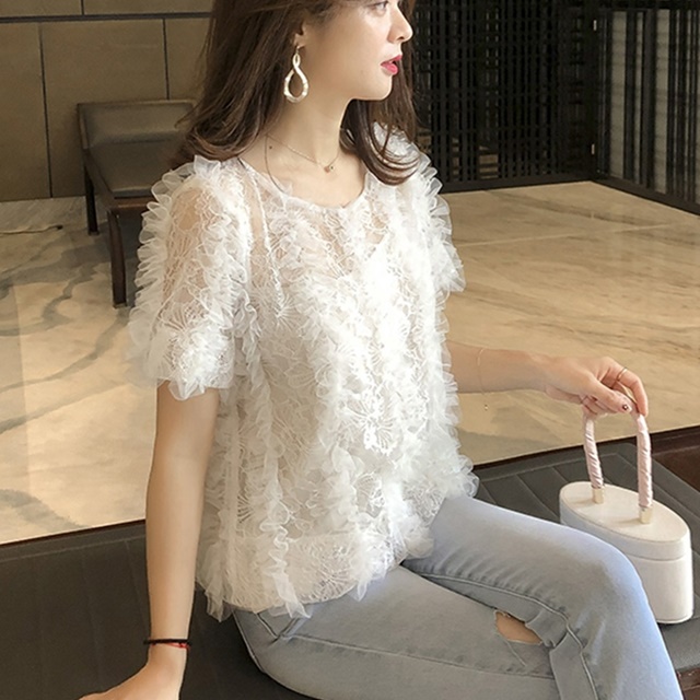 韓国 ファッション レディース レディース トップス レディース トップス 夏 夏服 レディース トップス 刺繍 レース シフォン ラウンドネの通販はau Pay マーケット ふくふくの木
