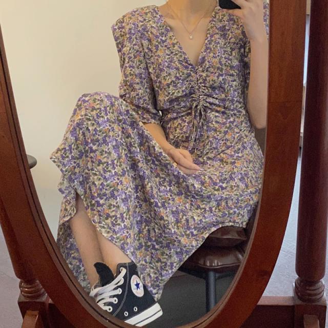 フラワーワンピース 夏 スリム パープル ロング フローラル レトロ ハイウエスト ドレス 半袖 お出かけ 普段着の通販はau Pay マーケット Mhf Clothes