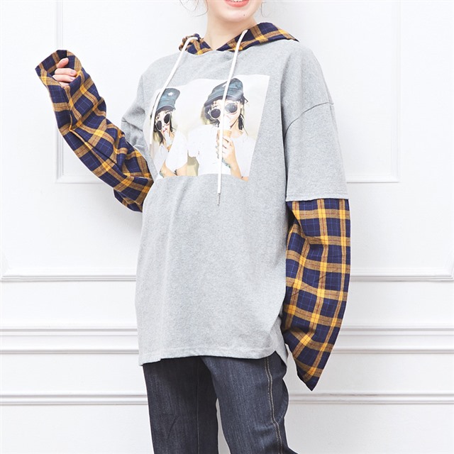 パーカー フェイクレイヤードパーカー チェックシャツ重ね風 レディース トップス スウェット パーカー パーカーの通販はau Pay マーケット E Simple