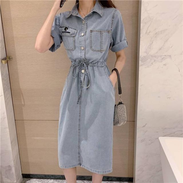 シャツワンピース デニムワンピース デニム ひざ下丈 ミディアム丈 襟付き 袖あり 半袖 無地 ウエストマーク ベーシック Aライン 前開き の通販はau Pay マーケット おひさまブランケット