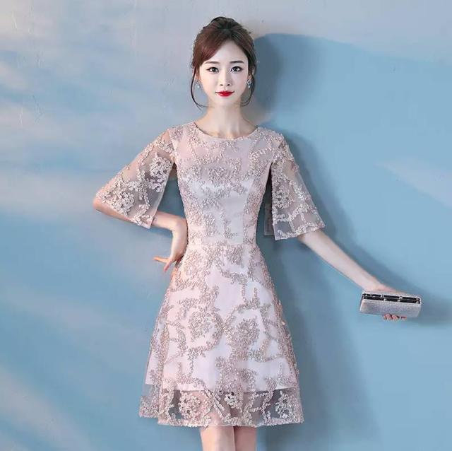 パーティドレス ワンピース 総レース ショート丈 袖あり 五分袖 代 結婚式 ブライズメイド 春夏 シャンパンゴールド 白 水色 ｘライン の通販はau Pay マーケット おひさまブランケット