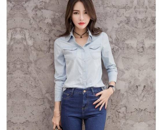 デニムレディーストップス ブラウス 長袖ワイシャツ ビジネスシャツ スリム 事務服 Ol 通勤 入学 卒業 愛用 春夏用 E709の通販はau Pay マーケット おひさまブランケット