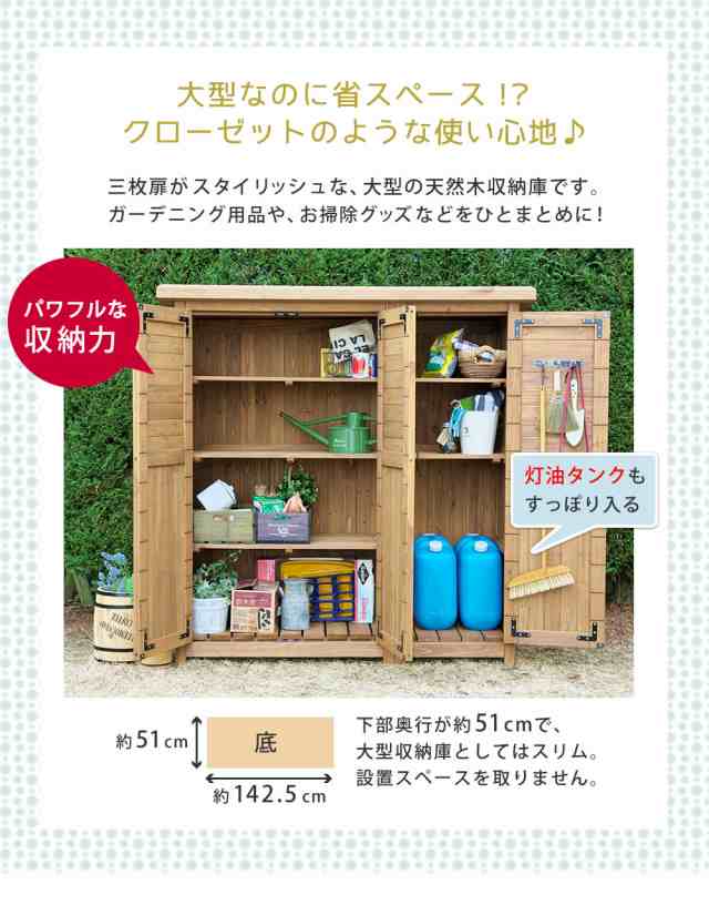 木製物置 物置小屋 屋外収納庫 本体幅142 5cm 大型 三つ扉 天然木 掃除道具 ガーデン用具入れの通販はau Pay マーケット カナエミナ