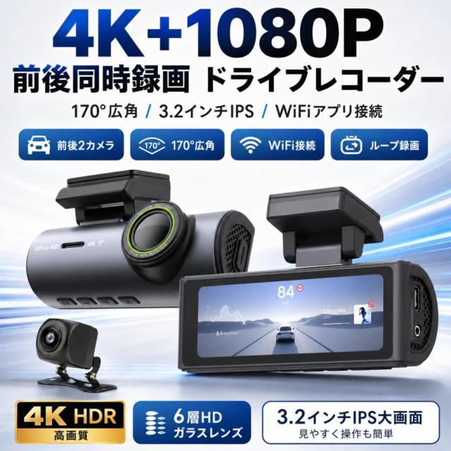 ドライブレコーダー 前後カメラ 4Kフロント 1080Pリア 64GBカード付属