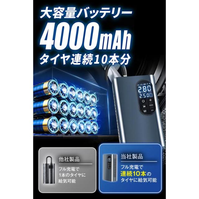 空気入れ 電動 電動エアーポンプ オートバイ 【アルミニウム合金素材を使用した高級感仕様】 エア充填に悩まない！強力 自転車 充電式 4000mAh 強力モーター