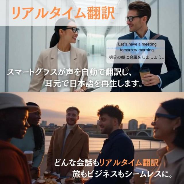 スマートグラス カメラ付き 22 言語リアルタイム翻訳機 AI 800 万画素カメラ?3000万画素画像 Bluetooth Wi-Fi スピーカー サングラス/ブルーライト防護レンズ