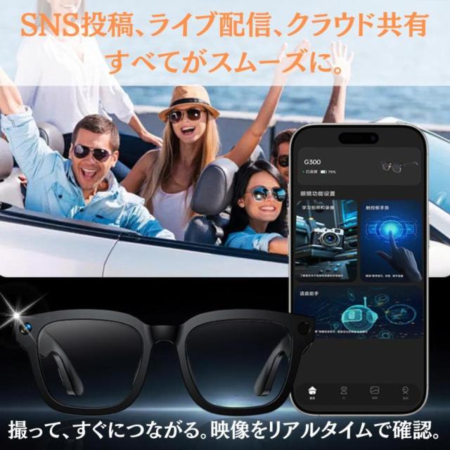 スマートグラス カメラ付き 22 言語リアルタイム翻訳機 AI 800 万画素カメラ?3000万画素画像 Bluetooth Wi-Fi スピーカー サングラス/ブルーライト防護レンズ