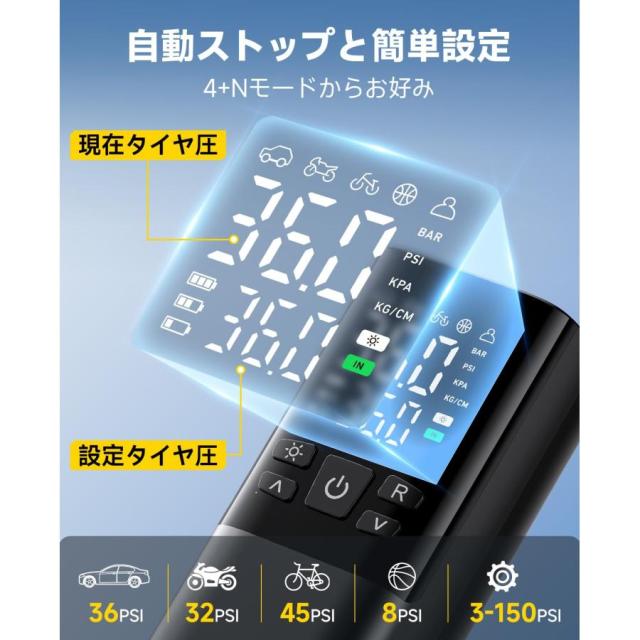 自転車 空気入れ 電動空気入れ バイク 車 仏/英/米式バルブ対応 最大圧力150PSI 高速充填 自動停止 6000mAh大容量電池 コードレス