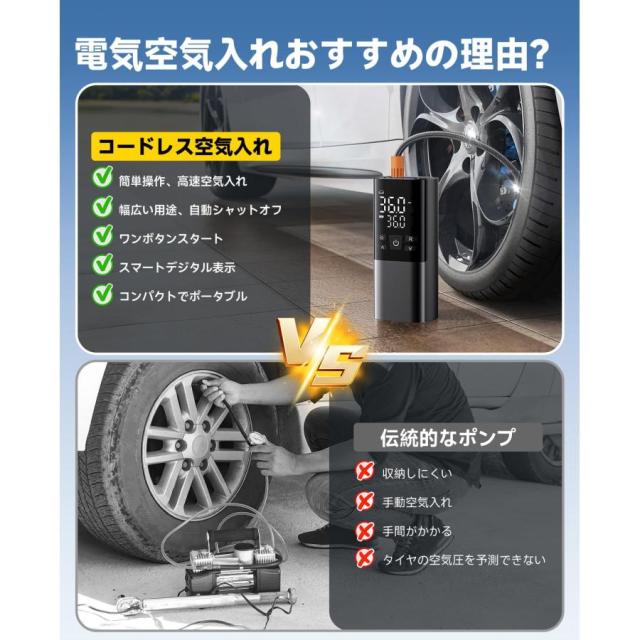 自転車 空気入れ 電動空気入れ バイク 車 仏/英/米式バルブ対応 最大圧力150PSI 高速充填 自動停止 6000mAh大容量電池 コードレス