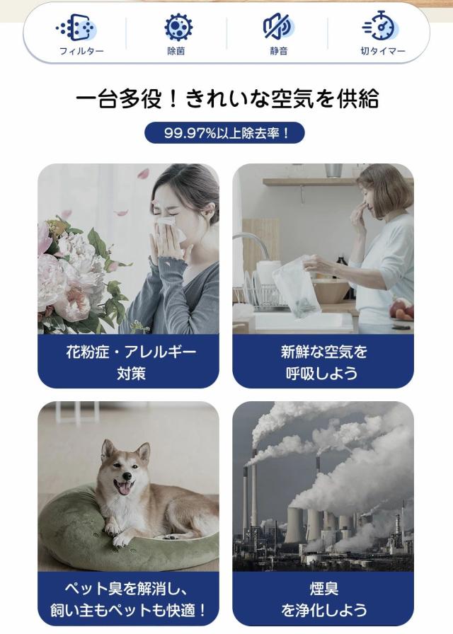 空気清浄機 花粉 小型 コンパクト HEPAフィルター プラズマ脱臭強化 ウィルス 除菌 省エネ 卓上 静音 30畳 花粉症 PM2.5/ホコリ/集じん/タバコ/ペット/ニオイ/ 消臭 風量設定 活性炭フィルター 空気清浄器_2