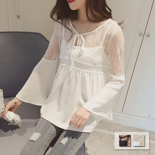 【即納】レディース トップス シースルー キャミソール カットソー 長袖 フレアスリーブ 透け感 セクシー カジュアル 春夏 ブラック ホワイトの通販は 4,950円