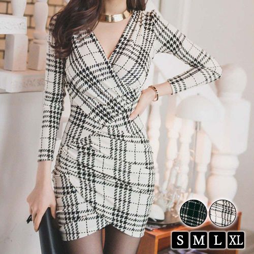 即納 ドレス ワンピース チェック柄 セクシー タイトワンピース 長袖 Vネック ミニワンピ の通販はau Pay マーケット Redlas