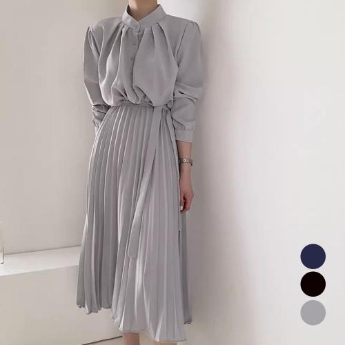 【即納】レディース ロングワンピース 長袖プリーツワンピ韓国 ウエストマーク スタンドカラーワンピ きれいめエレガント ドレスワンピース 大人上品ワンピース オフィスカジュアル春秋服 高見え秋ワンピース 同窓会ミモレワンピ 着やせミディワンピ 5,502円