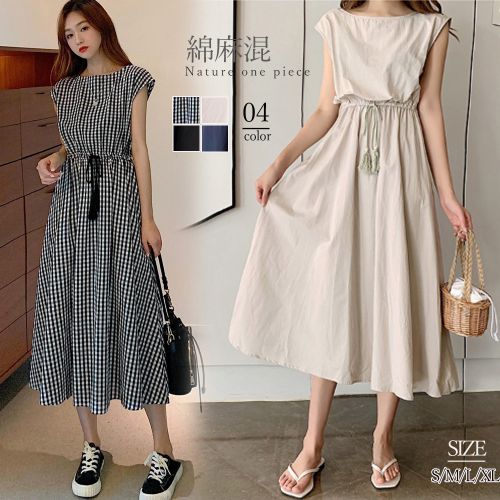 【即納】レディース ワンピース ウエストゴム ロング丈 ギンガムチェック 無地 半袖 フレンチスリーブ 大人 可愛い フェミニン ガーリー 大人 可愛い きれいめ おしゃれ デイリー リゾート カジュアル 春夏 ネイビー ブラック ベージュの通販は 4,653円