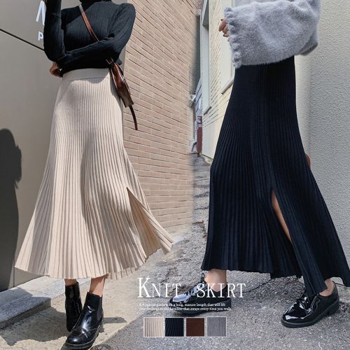 【即納】レディース ボトムス ニットスカート プリーツスカート ウエストゴム ハイウエスト スリット ロング丈 可愛い エレガント フェミニン カジュアル デイリー おしゃれ 秋冬 ブラック ベージュ グレー ブラウン 5,880円