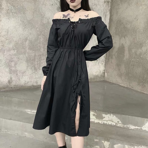 ワンピース レディース 黒 長袖 セクシー オフショルダー ゴシック ドレス ロング スリット レースアップの通販はau Pay マーケット Lady Oliver