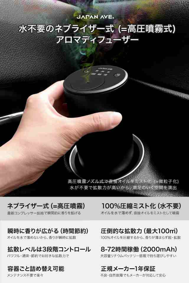 アロマディフューザー 車 芳香剤 フレグランスディフューザー コードレス ネブライザー式 水なし アロマオイル 車用 加湿 自動噴霧の通販はau Pay マーケット Japan Ave ジャパンアベニュー Au Pay マーケット店