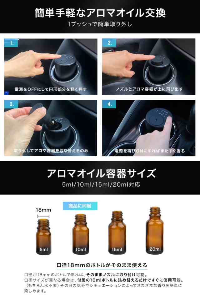 アロマディフューザー 車 芳香剤 フレグランスディフューザー コードレス ネブライザー式 水なし アロマオイル 車用 加湿 自動噴霧の通販はau Pay マーケット Japan Ave ジャパンアベニュー Au Pay マーケット店