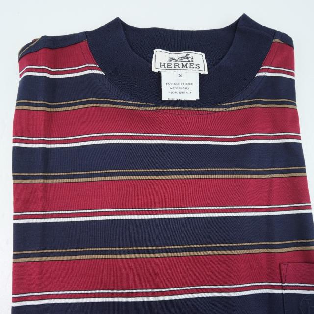 HERMES エルメス ボーダー シルク ネイビー 半袖シャツ メンズ 【中古 