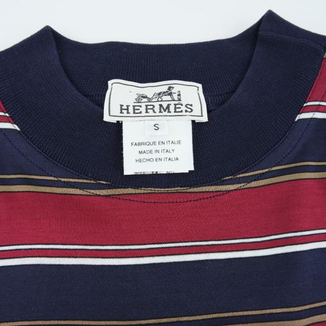 HERMES エルメス ボーダー シルク ネイビー 半袖シャツ メンズ 【中古 