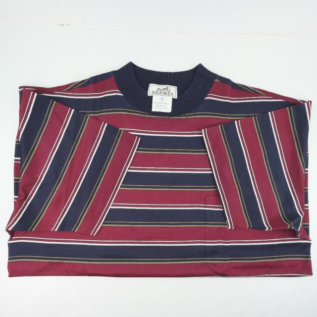 HERMES エルメス ボーダー シルク ネイビー 半袖シャツ メンズ 【中古 