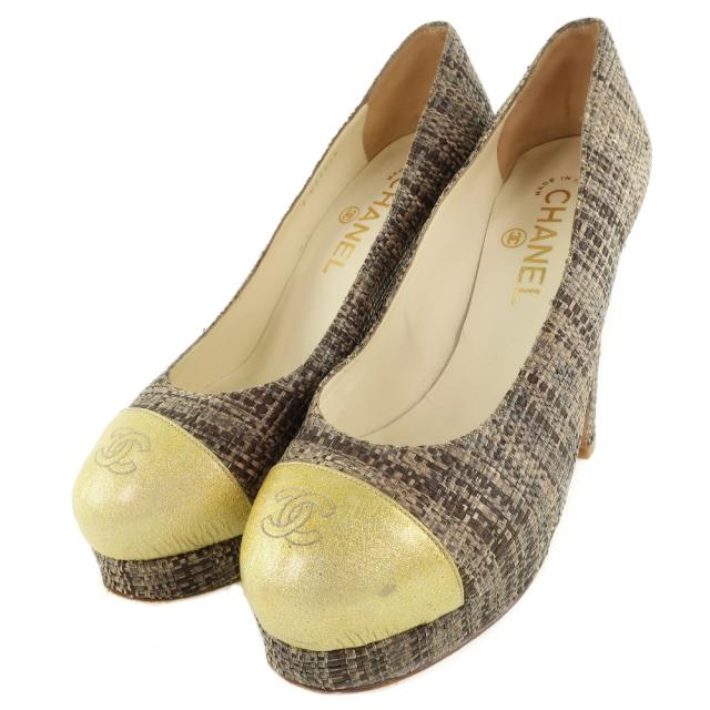 CHANEL シャネル ハイヒール パテントレザー ゴールド/茶 パンプス レディース 【中古】_1