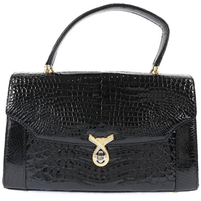 美品 JRA公認 クロコダイルレザー ハンドバッグ ブラック JRA クロコダイル 黒 ハンドバッグ レディース 【中古】