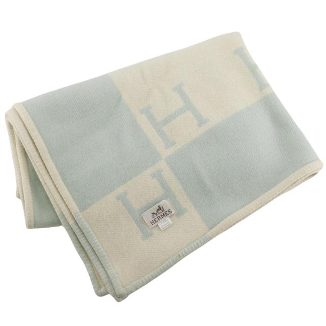 HERMES エルメス ベビープレード アヴァロン ブランケット おくるみ カシミヤ 白/水色_1