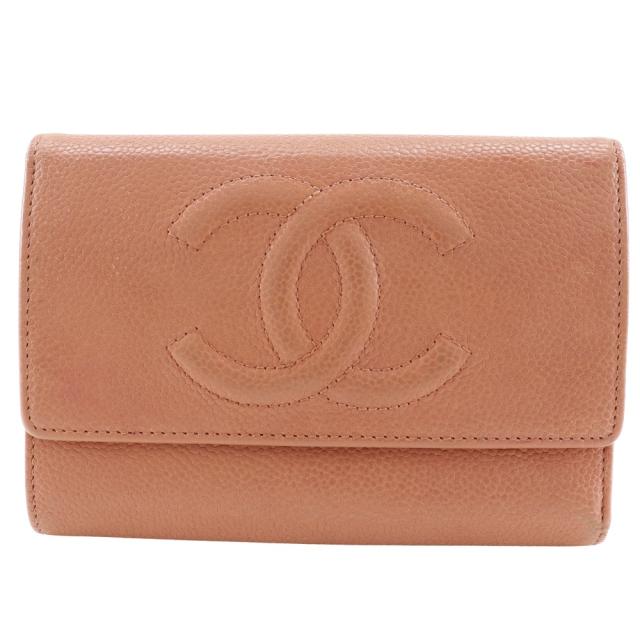 CHANEL シャネル ココマーク キャビアスキン ピンク 三つ折り財布 レディース 【中古】