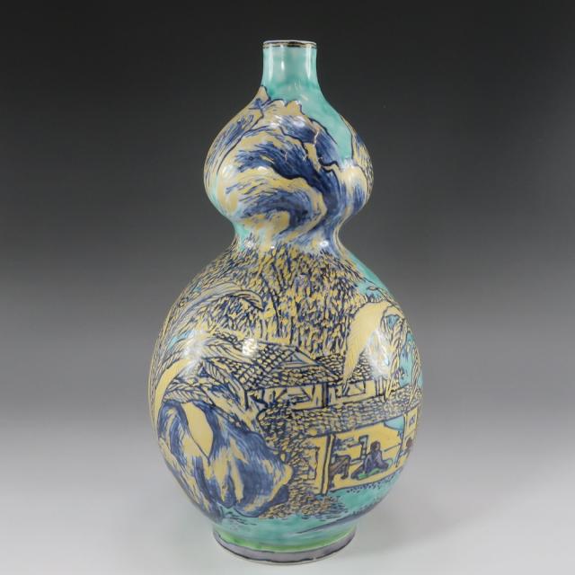 五代 清風与平 緑地金彩山水図瓢花瓶 陶磁器 花瓶 _ 【中古】