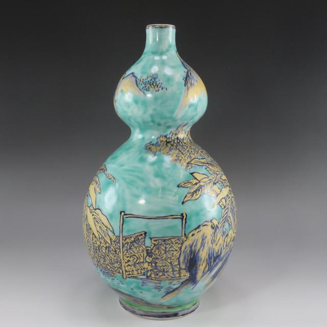 五代 清風与平 緑地金彩山水図瓢花瓶 陶磁器 花瓶 _ 【中古】