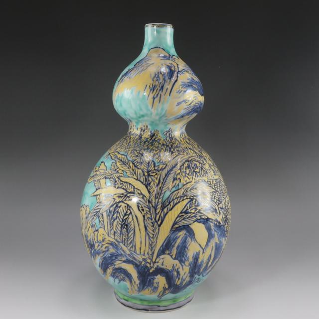 五代 清風与平 緑地金彩山水図瓢花瓶 陶磁器 花瓶 _ 【中古】