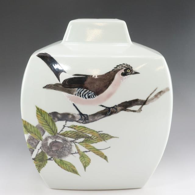 鈴木爽司 色絵栗二懸巣之図 方壺 陶磁器 花瓶 _ 【中古】_1