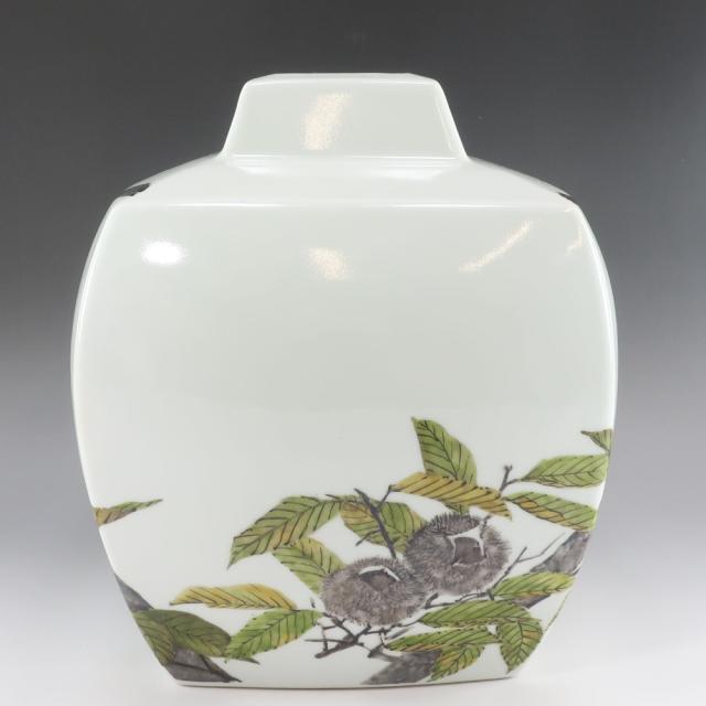 鈴木爽司 色絵栗二懸巣之図 方壺 陶磁器 花瓶 _ 【中古】_2