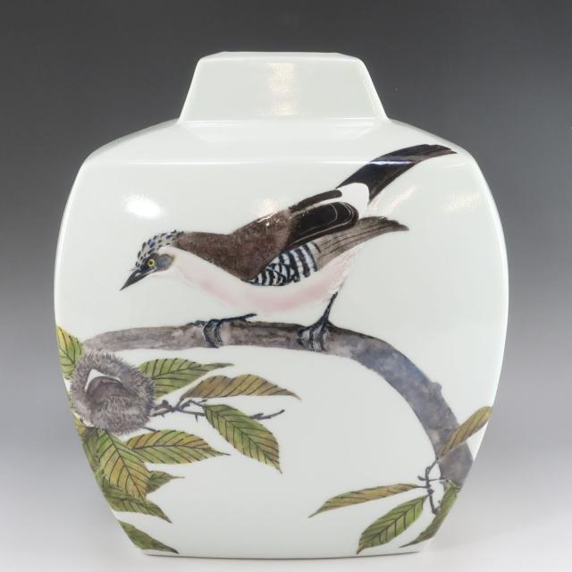 鈴木爽司 色絵栗二懸巣之図 方壺 陶磁器 花瓶 _ 【中古】_3