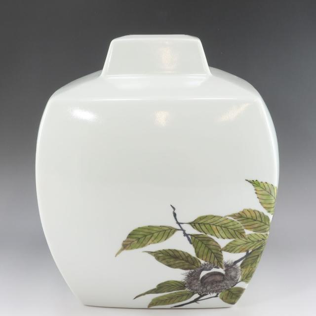 鈴木爽司 色絵栗二懸巣之図 方壺 陶磁器 花瓶 _ 【中古】_4