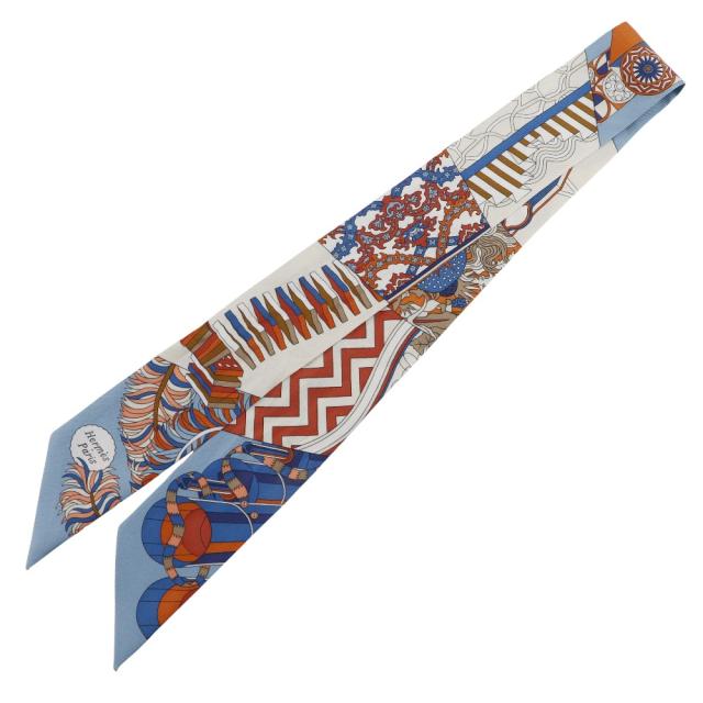 HERMES エルメス ツイリー 杖傘と決闘 杖傘と決闘 シルク 水色/オレンジ スカーフ