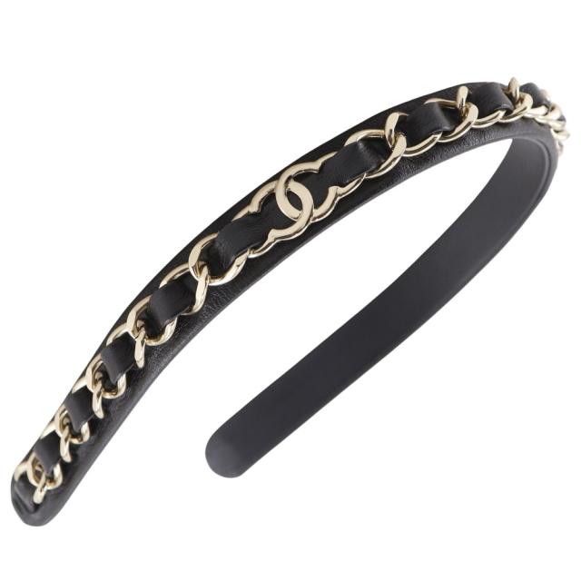 CHANEL シャネル カチューシャ ココマーク チェーン ラムスキン 黒/シルバー