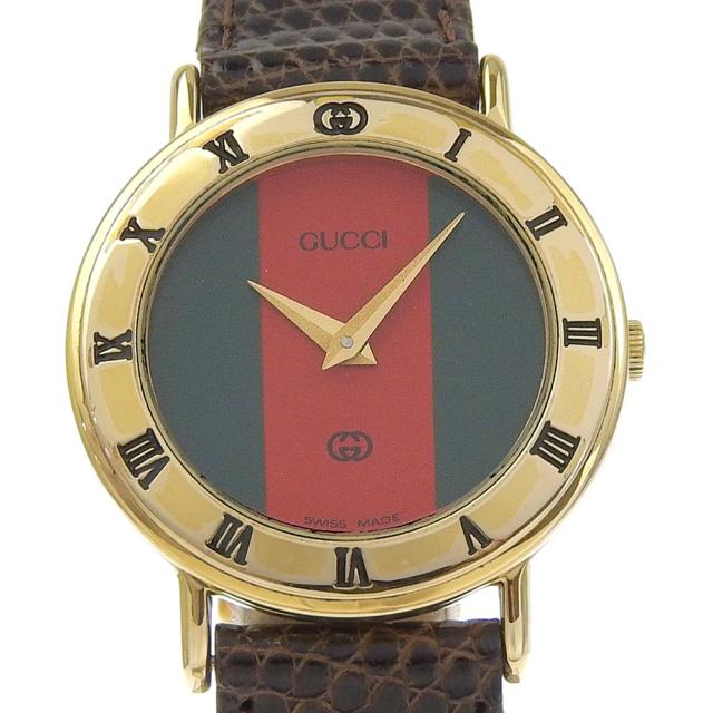 GUCCI グッチ シェリーライン 3000L 金メッキ クオーツ アナログ表示 赤/緑文字盤 腕時計