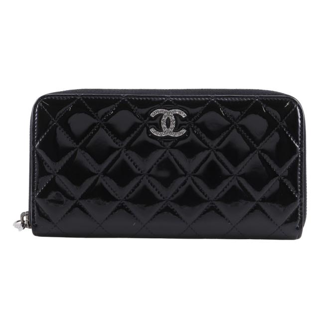 CHANEL シャネル ブリリアント ラウンドファスナー A50106 エナメル 黒 長財布 レディース