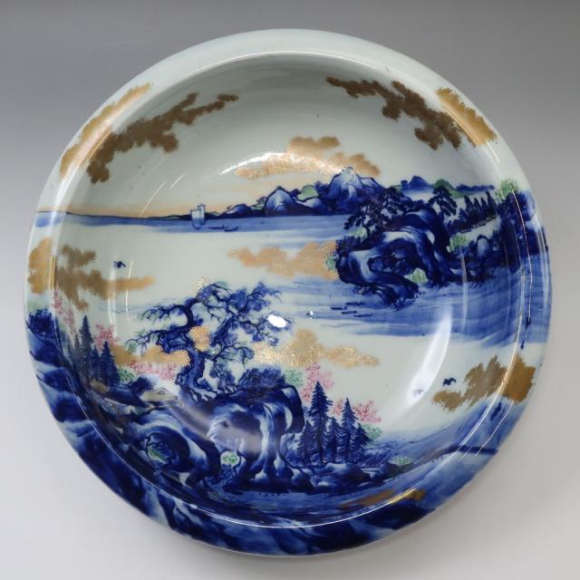 ARITA 有田焼 肥蝶山 平林製 色絵金彩山水風景画 菓子鉢 陶磁器 骨董品 _ 【中古】