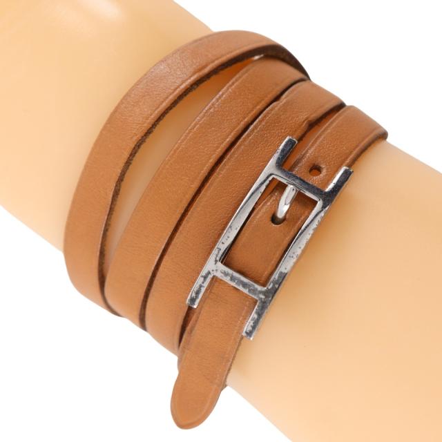HERMES エルメス アピ3 チョーカー レザー 茶/シルバー金具 ブレスレット 11g ユニセックス