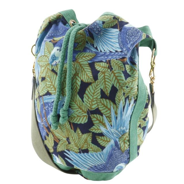 HERMES エルメス 巾着 ボタニカル柄 鳥柄 コットン 緑 ショルダーバッグ レディース_1
