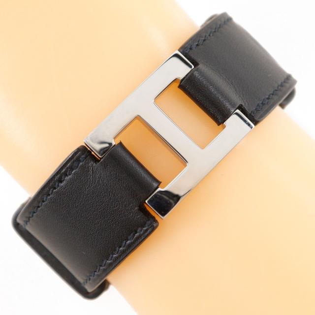 HERMES エルメス Hロゴ ブレスレット ヴォーシャモニー 黒/シルバー金具 バングル 17g