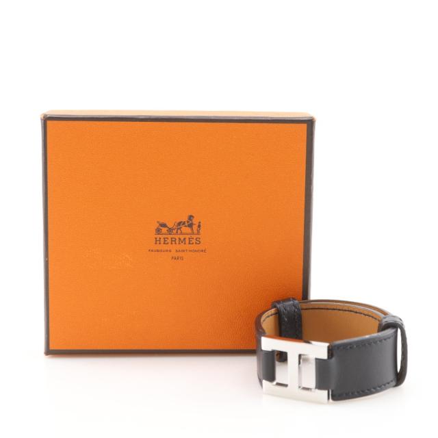 HERMES エルメス Hロゴ ブレスレット ヴォーシャモニー 黒/シルバー金具 バングル 17g_7
