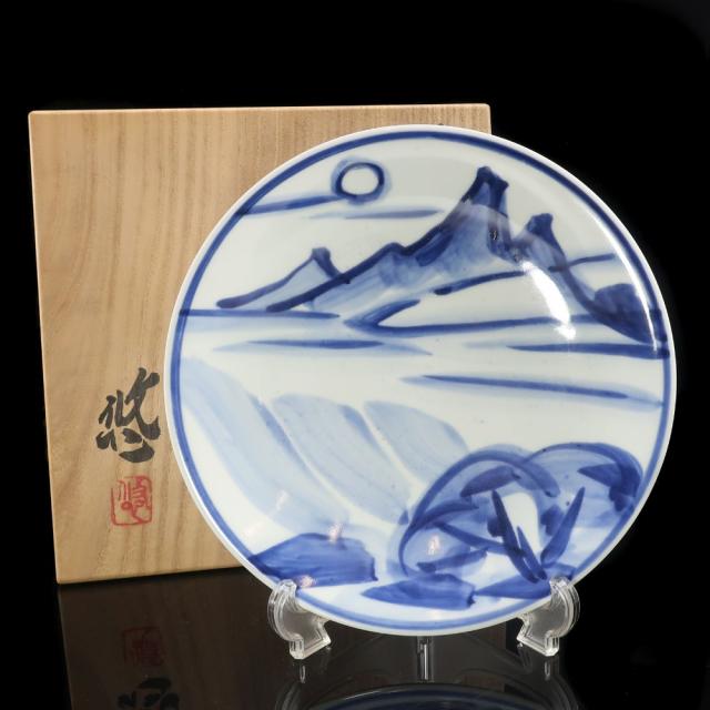 kyoyaki 京焼 【 人間国宝 近藤悠三 作 】 山染付皿 陶磁器 骨董品 _ 【中古】