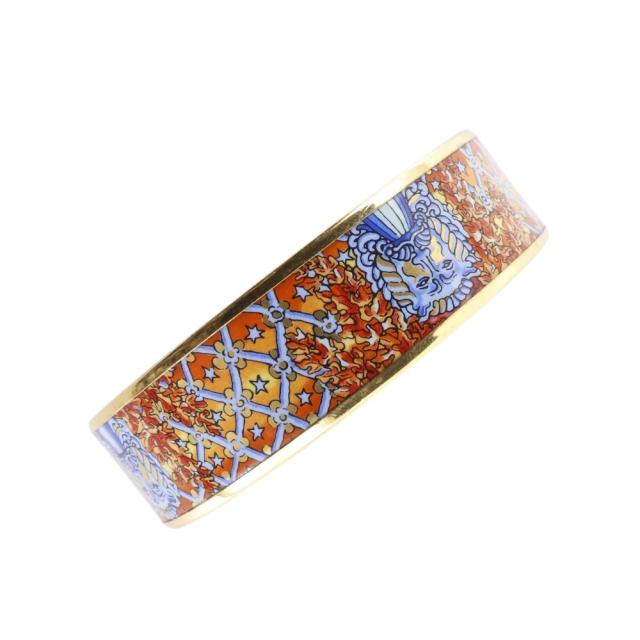 HERMES エルメス エマイユGM 七宝焼 ライオン 金メッキ オレンジ バングル 35.1g レディース
